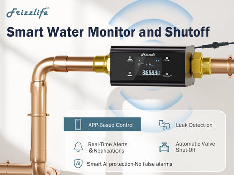Frizzlife LP365 app for water monitoring and remote shutoff valve control