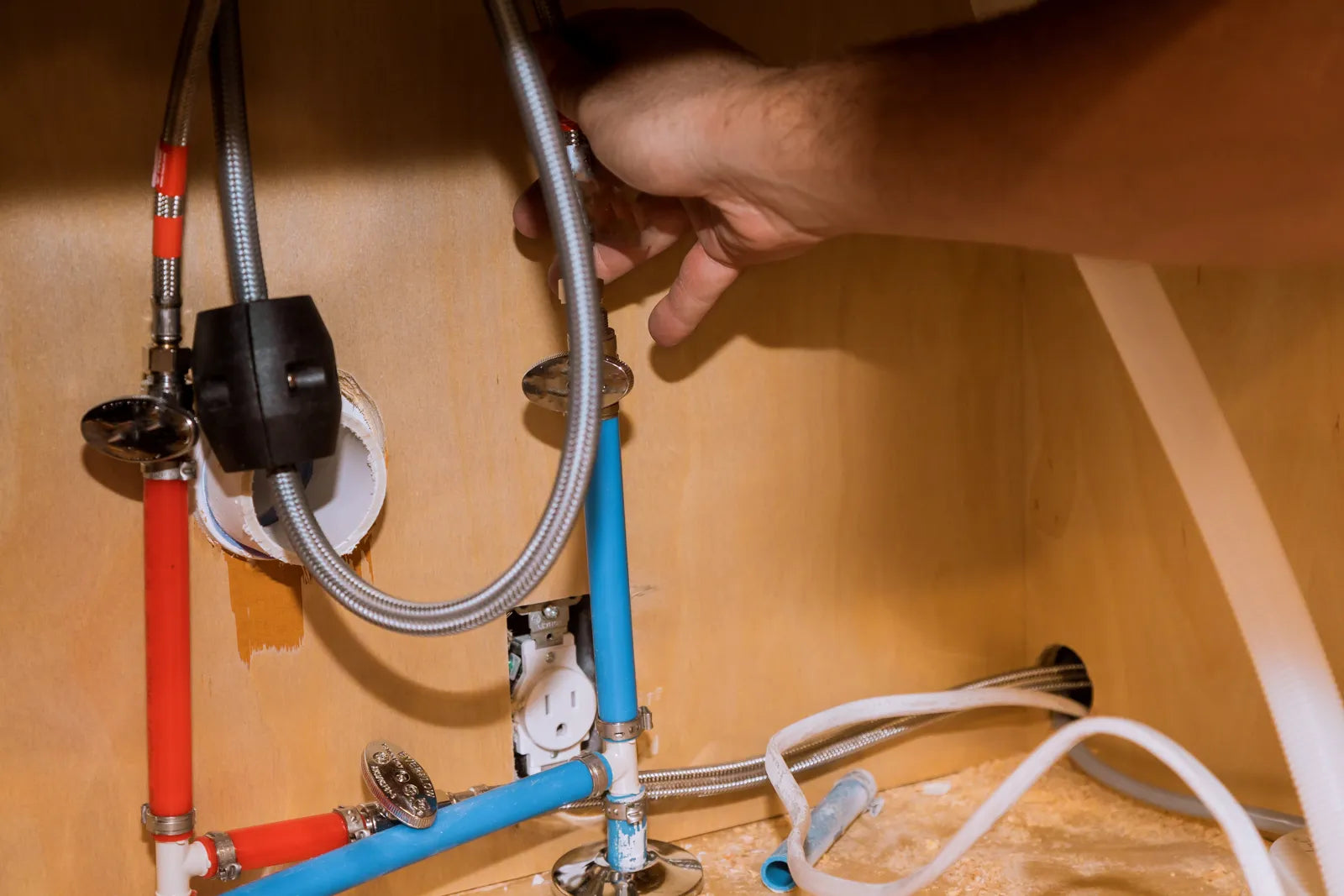 A technician adjusts under-sink plumbing to fix an RO system's vibrating noise.