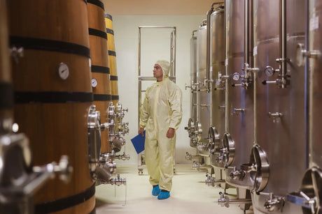 Winemaker inspecting stainless steel fermentation tanks, using reverse osmosis water to control wine quality and consistency.