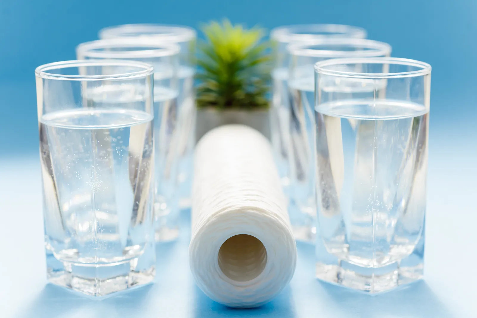 Glasses of purified water with a sediment filter cartridge, representing clean filtered water options between RO and distilled types.