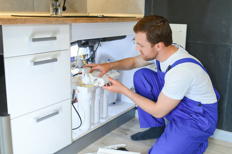Technician inspecting an under-sink reverse osmosis system and its filter components