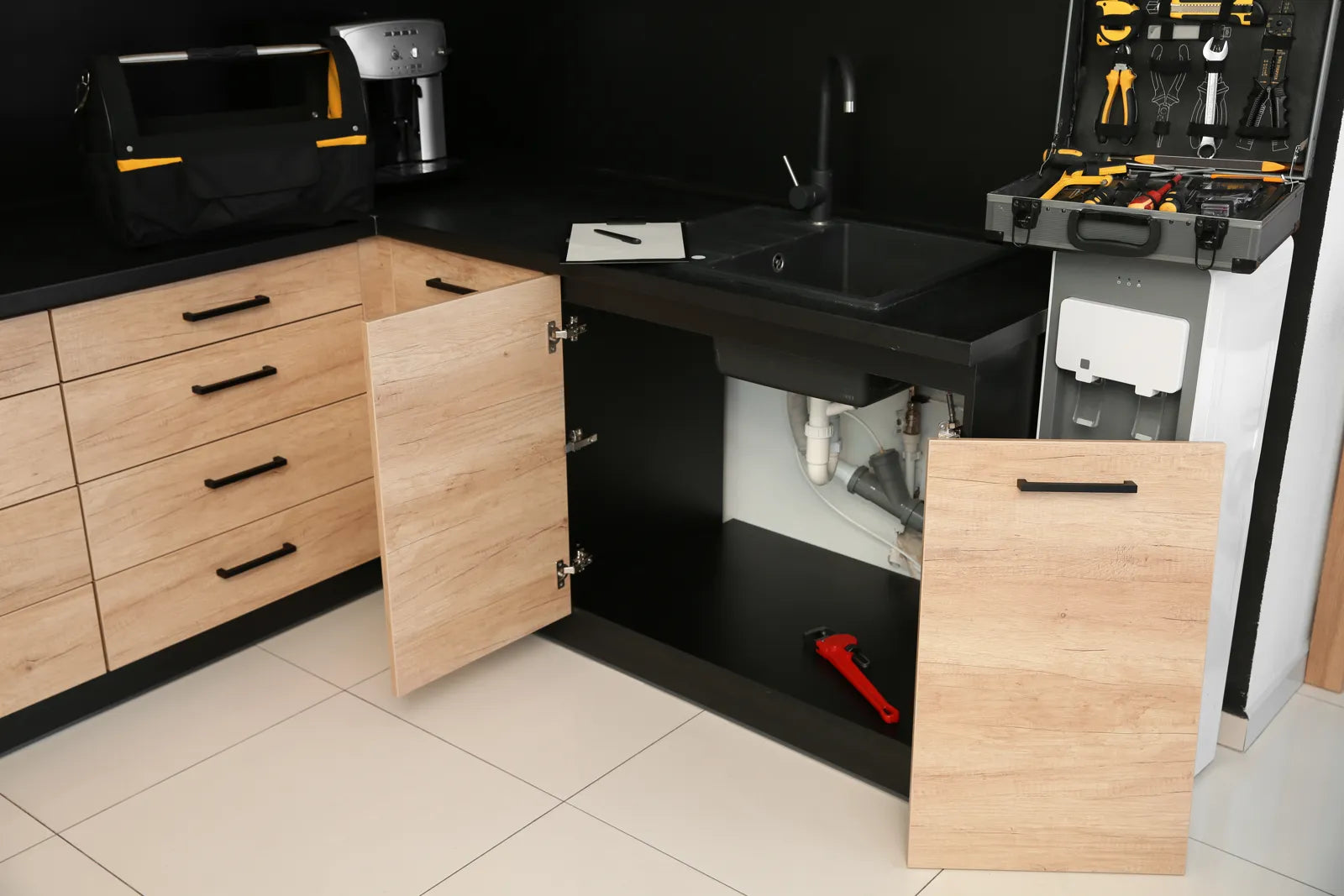 Open kitchen sink cabinet with full plumbing tool kits ready for technicians to install a space-saving tankless under sink RO system.