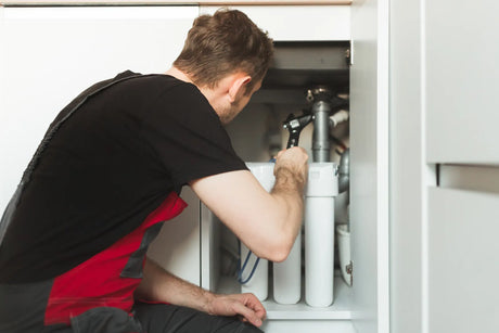 Professional plumber uses a wrench to install a multi-cartridge traditional tanked reverse osmosis water filtration unit inside a residential kitchen sink cabinet.