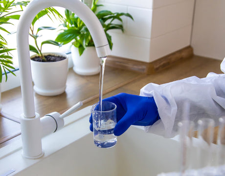 Gloved hand collecting tap water in a laboratory beaker for household water quality testing