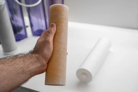 Used for water filter replacement to visually show pre-and post-use cartridge condition, highlighting sediment accumulation