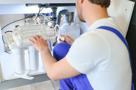 Technician inspecting an under-sink RO system, tubing, filters, and drain connections