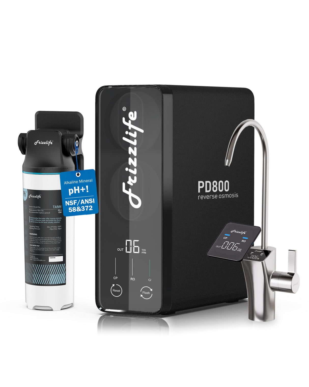Frizzlife 800GPD Reverse Osmosis Water Filter, NSF/ASNI 58&42&372 Standard, Alkaline Mineral pH+ Tankless Reverse Osmosis System, 9-Stage Under Sink RO, 2:1 Pure to Drain, Smart Faucet, PD800-N