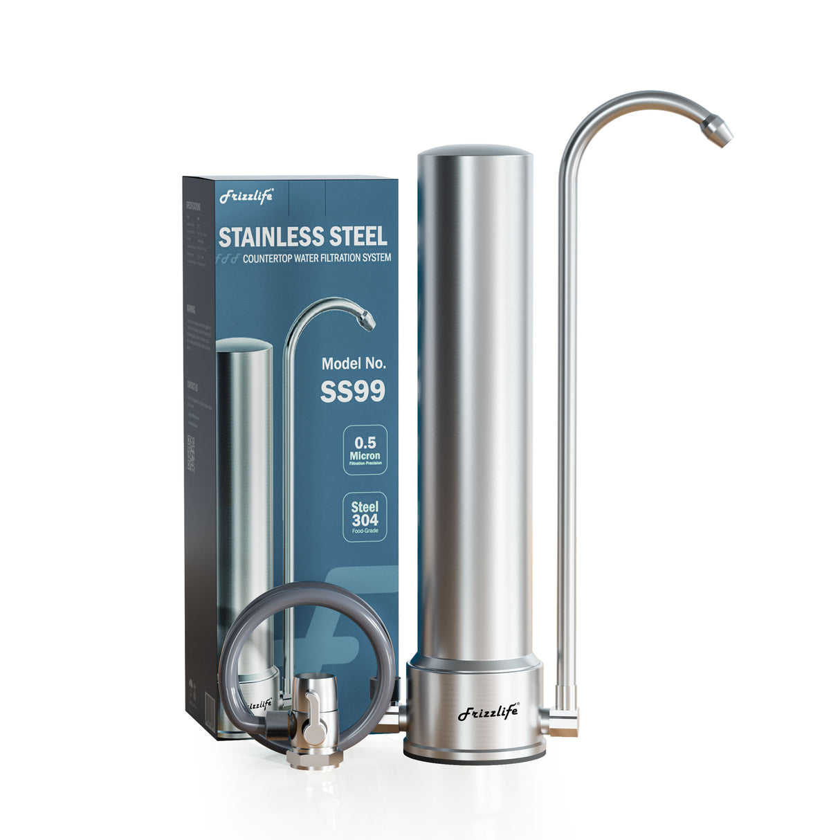 Frizzlife SS99 Countertop Water Filter System, Stainless Steel Faucet Water Filtration for 8000 Gallons, 0.5 Micron NSF Certified Elements Reduces 99.99% Lead, Chlorine, Heavy Metals, Bad Taste & Odor