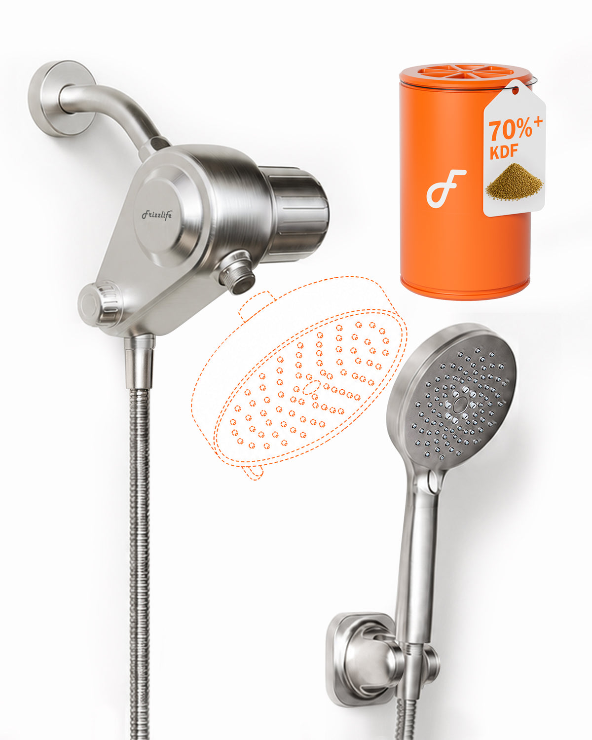 Frizzlife Dual-Outlet Brushed Nickel Shower Filter with 3-Mode Handheld – K45+HS04-BN