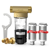 Frizzlife 40&100 Micron Spin Down Sediment Filter with Built-in Scraper, Reusable Whole House Pre-Filter for City/Well Water, Washing Machine, Flushable Filtration, 1"&3/4" NPT, BPA Free, JB40-100