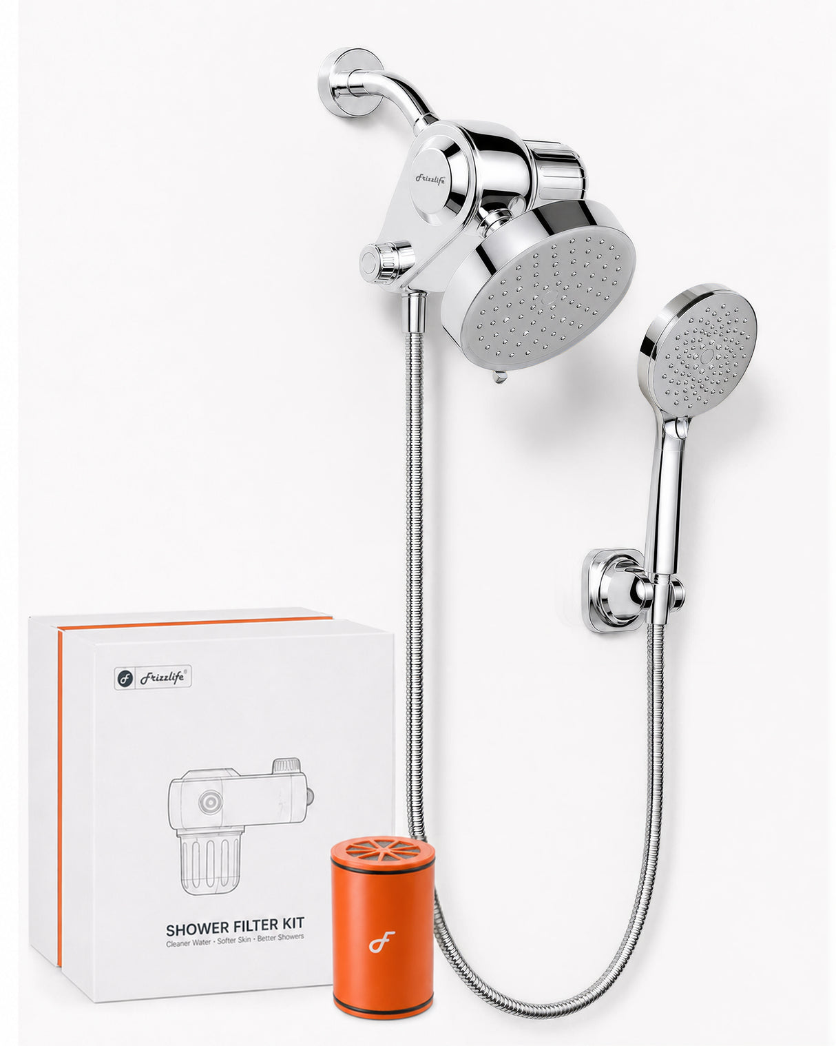 Frizzlife Dual Filtered Shower Head Combo, Rainfall Showerhead with Handheld, Both Heads Filtered, KDF-55 and Calcium Sulfite Filter, Reduces Chlorine, High Pressure, Ideal for Homes with Hard Water