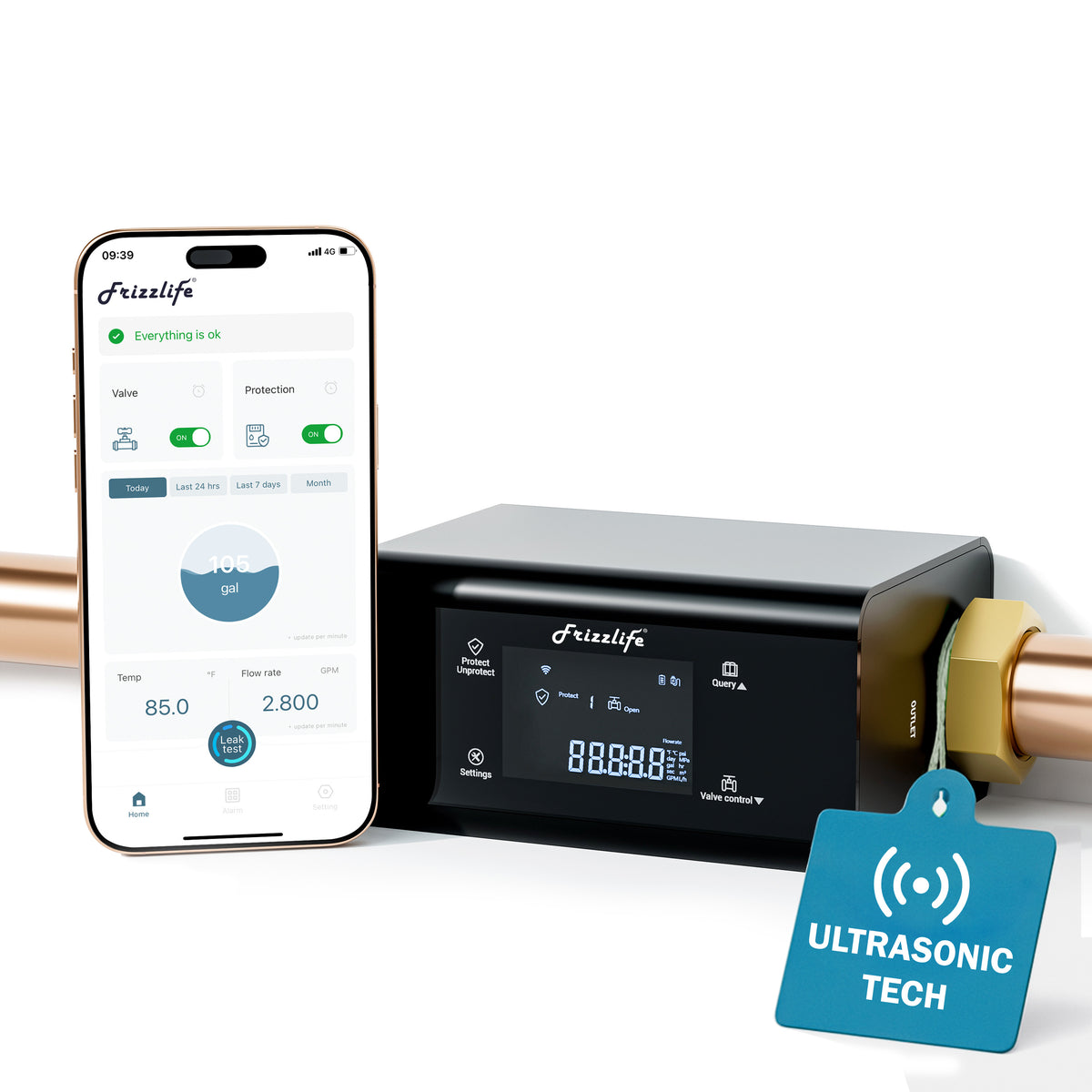 Frizzlife LP365 smart water monitor with automatic shutoff valve