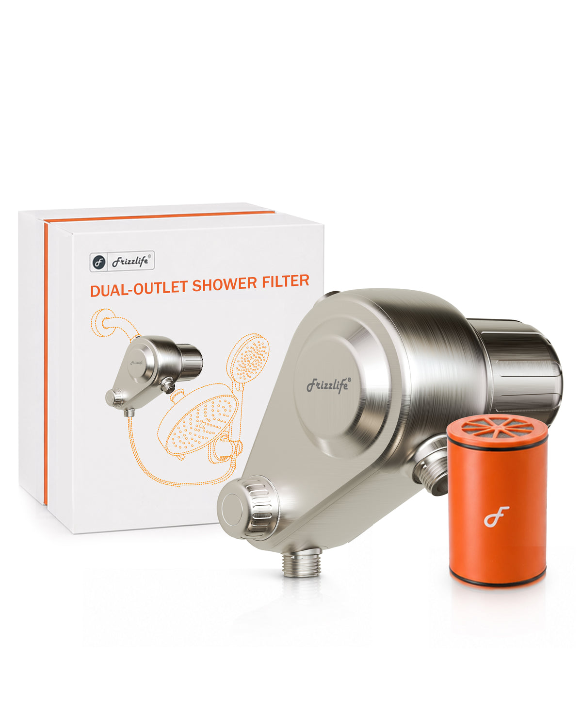 Frizzlife Dual-Outlet Brushed Nickel Shower Filter (Filter Only), K45-BN