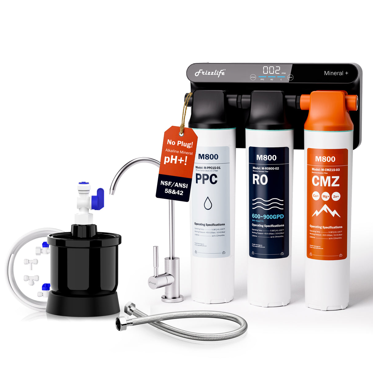 Frizzlife Plug-Free Reverse Osmosis Water Filter, True-Spring Alkaline Mineral Tankless Reverse Osmosis System, Noise-free Under Sink Ro Water Filtration System, NSF 58&372 Tested, Pure to Drain 4:1