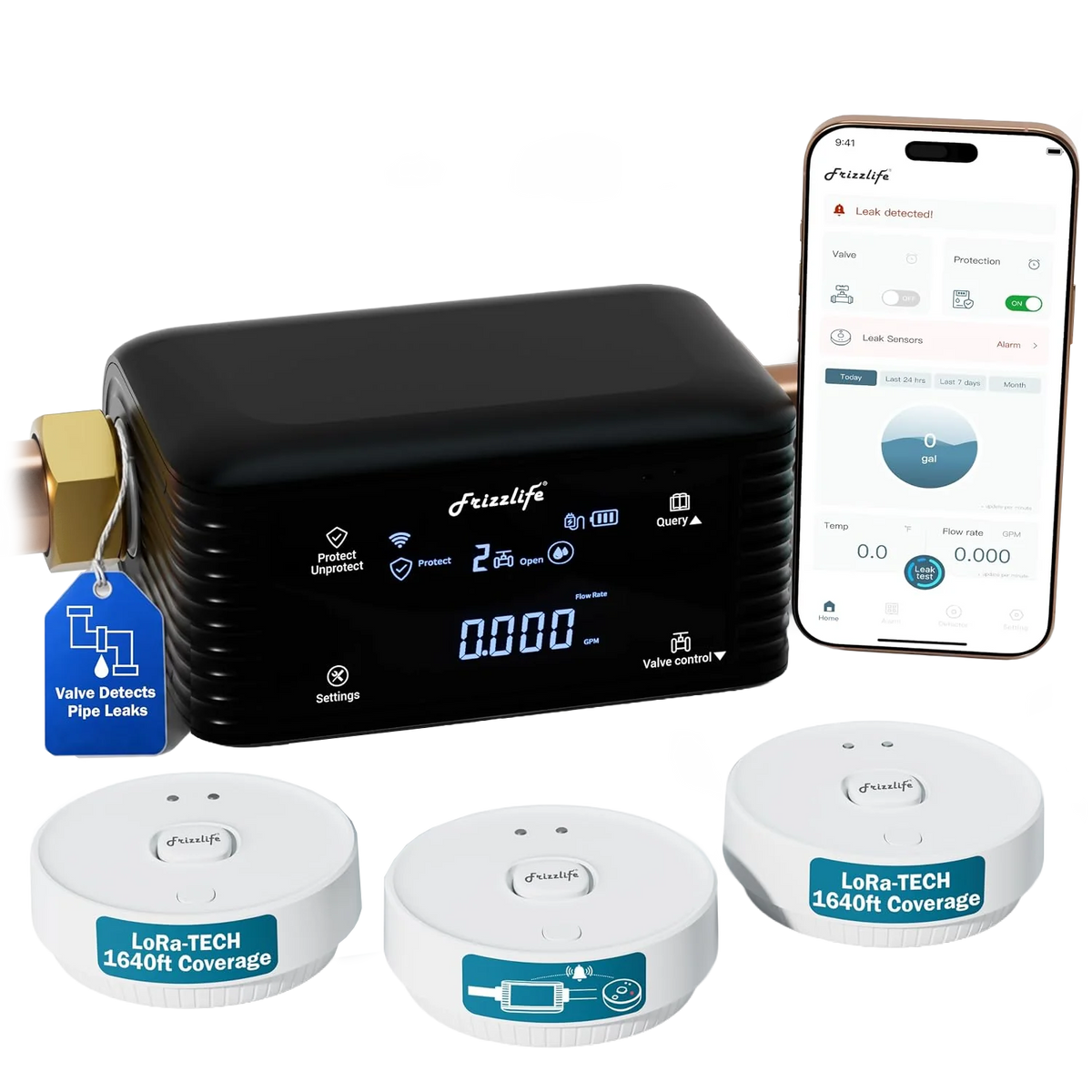 Frizzlife Smart Water Monitor & Automatic Shutoff System with 3 Leak Sensors,  LPG365-3S