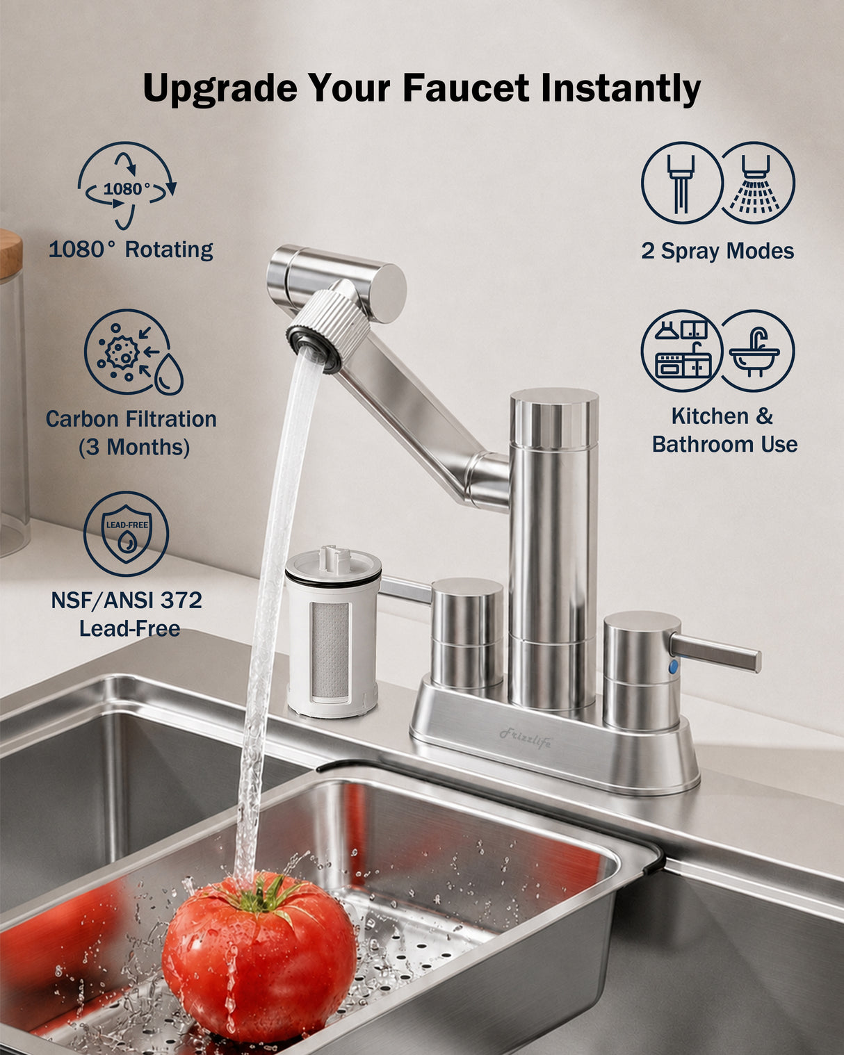 Frizzlife MF1080-D Series Bathroom & Kitchen Faucet with Water Filter, Polished Chrome