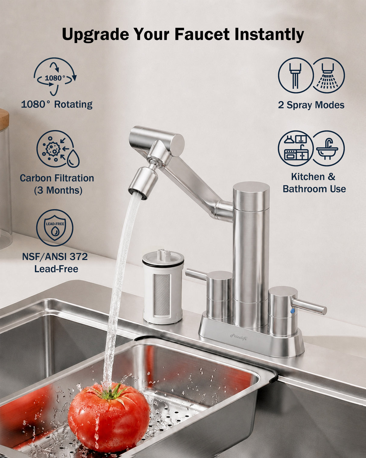 Frizzlife MF1080-D Series Bathroom & Kitchen Faucet with Water Filter, Brushed Nickel, 360° Swivel Aerator