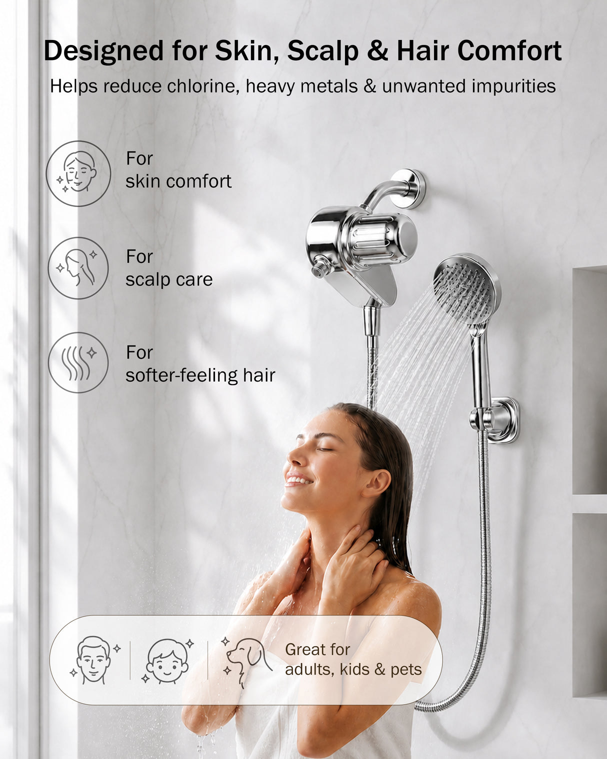 Frizzlife Dual-Outlet Shower Filter with Handheld Sprayer, Keeps Existing Fixed Shower Head, Both Heads Get Filtered Water, High Pressure 3-Mode, 210g KDF-55 and Calcium Sulfite, Reduces Chlorine