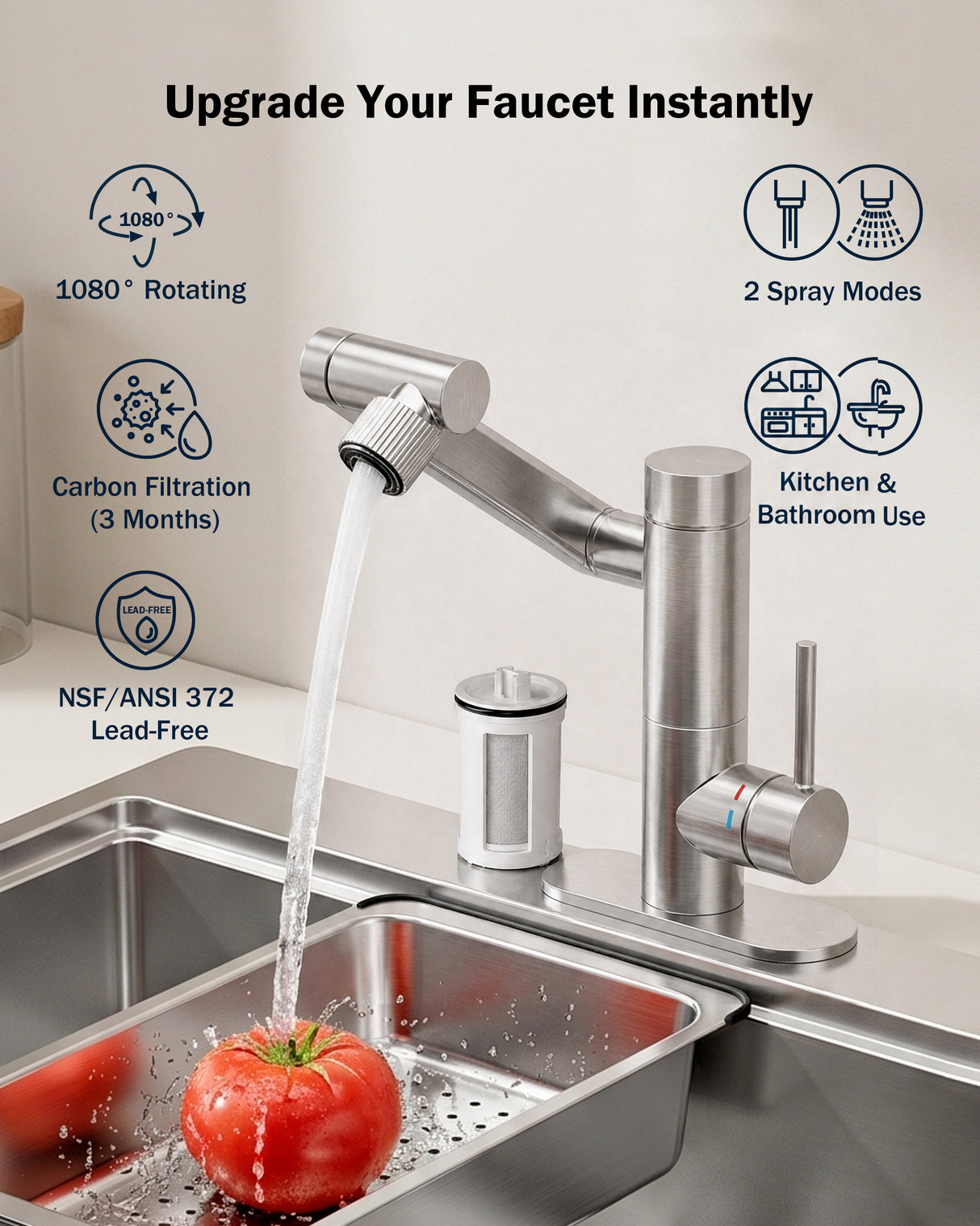 Frizzlife MF1080-S Series Bathroom & Kitchen Faucet with Water Filter, Brushed Nickel