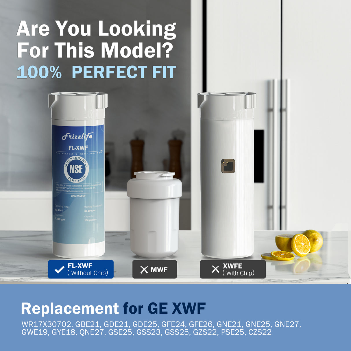 Frizzlife XWF(NOT XWFE) Refrigerator Water Filter Replacement for GE XWF, NSF Certified Fit the Original Brand, Leak-proof Design