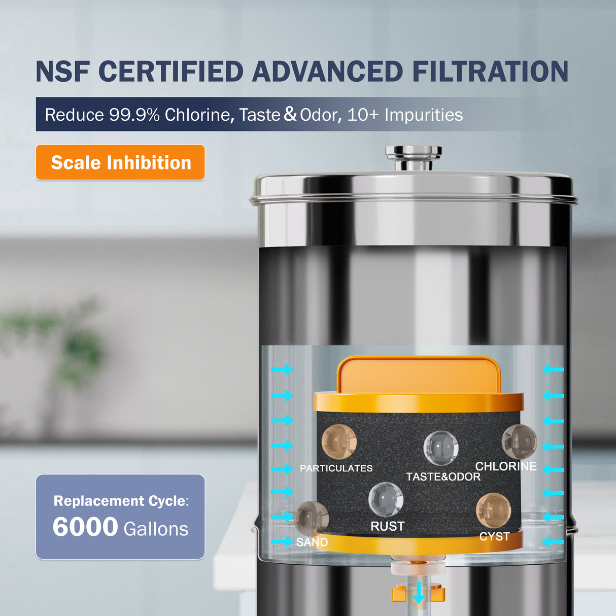 Frizzlife G210-SCALE Gravity-Fed Water Filter System, NSF Certified Element with Scale Inhibition Reduces 99.9% Chlorine, Taste & Odor, Impurity, Purifier System with Stand for Home, Camping, 2.25G