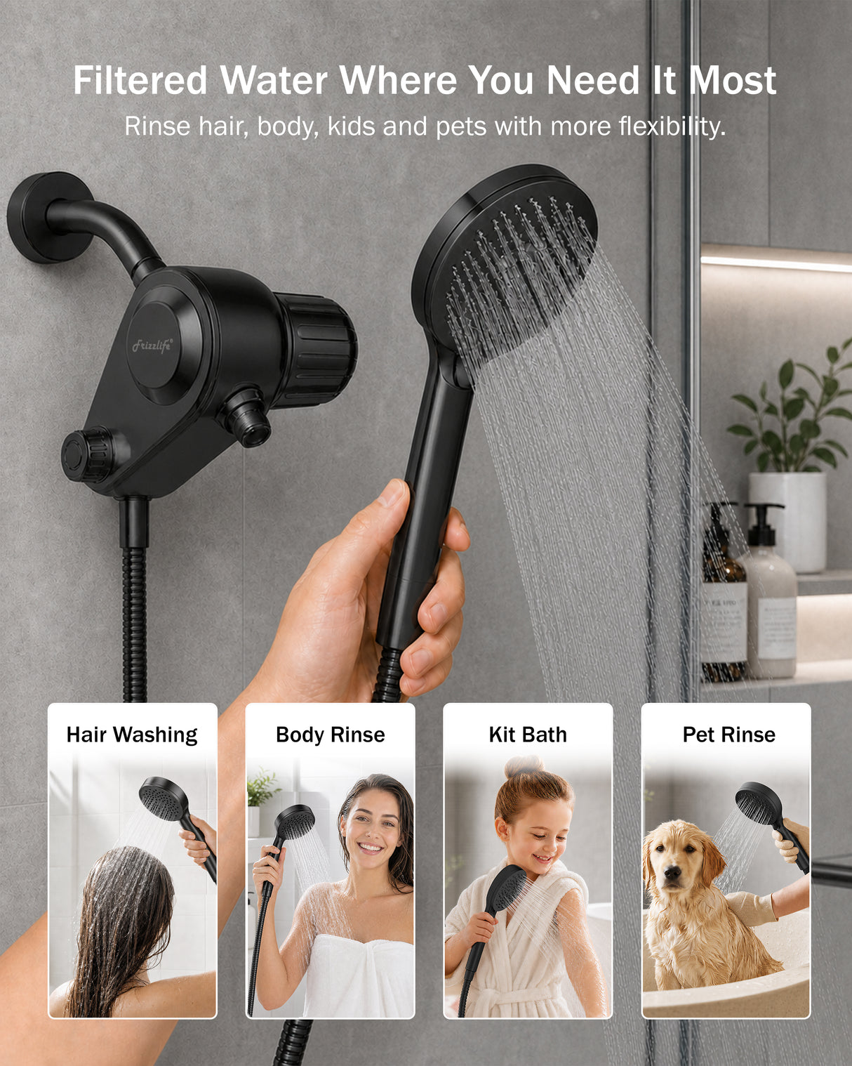 Frizzlife Dual-Outlet Shower Filter with Handheld Sprayer, Keeps Existing Fixed Shower Head, Both Heads Get Filtered Water, High Pressure 3-Mode, 210g KDF-55 and Calcium Sulfite, Reduces Chlorine