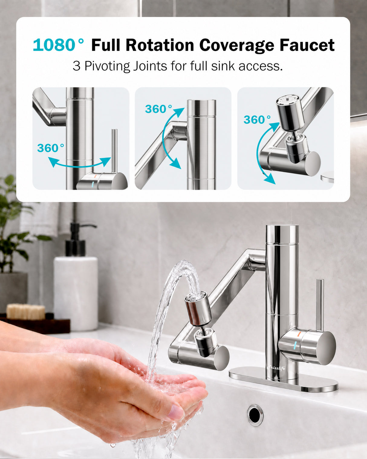 Frizzlife MF1080-S Series Bathroom & Kitchen Faucet with Water Filter, Polished Chrome, 360° Swivel Aerator