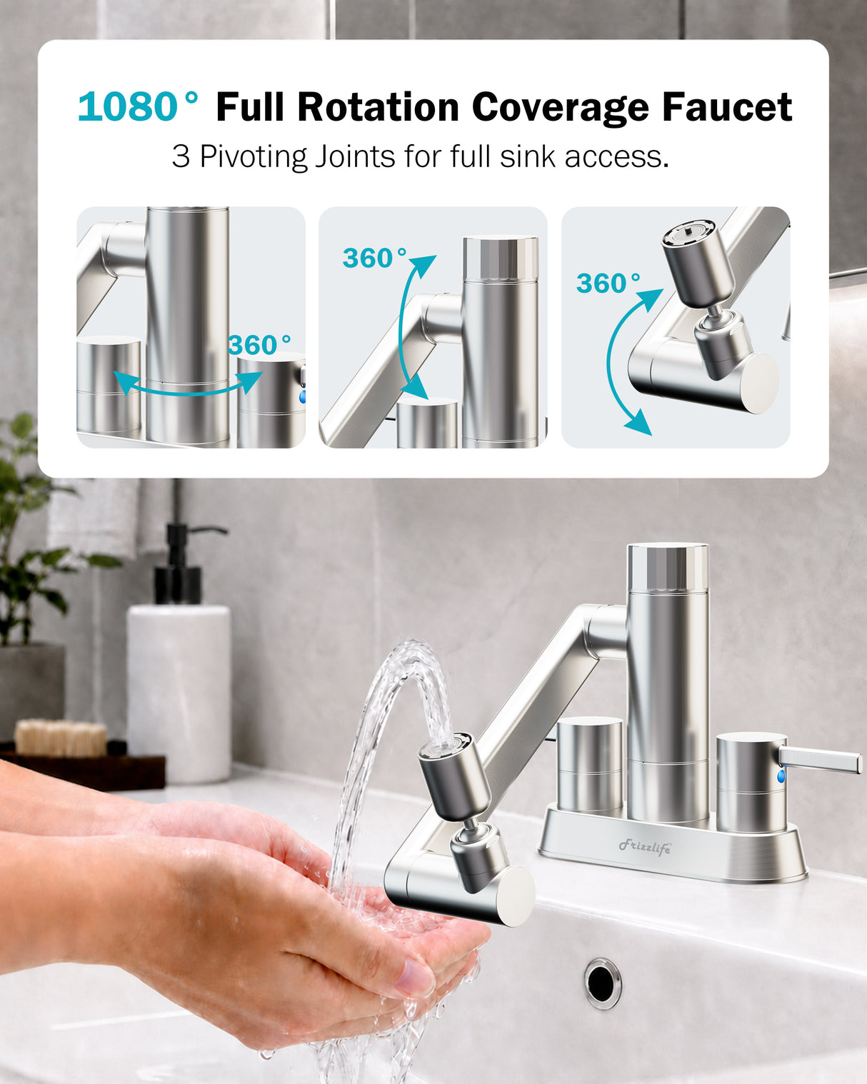 Frizzlife MF1080-D Series Bathroom & Kitchen Faucet with Water Filter, Brushed Nickel, 360° Swivel Aerator