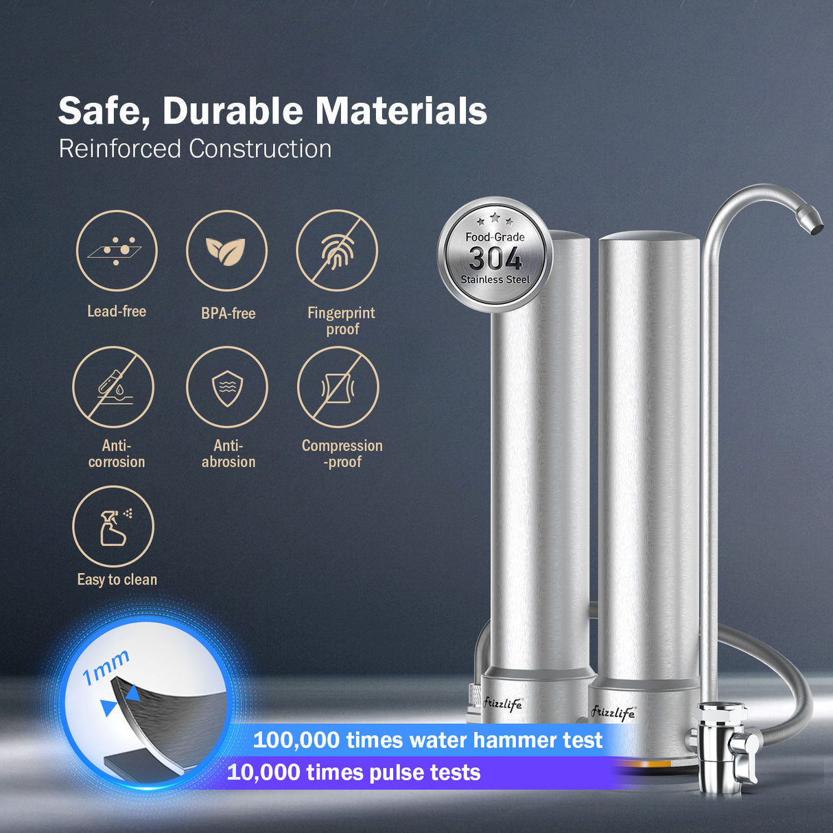 Frizzlife DS99 Sistema de filtro de agua para mostrador, acero inoxidable 