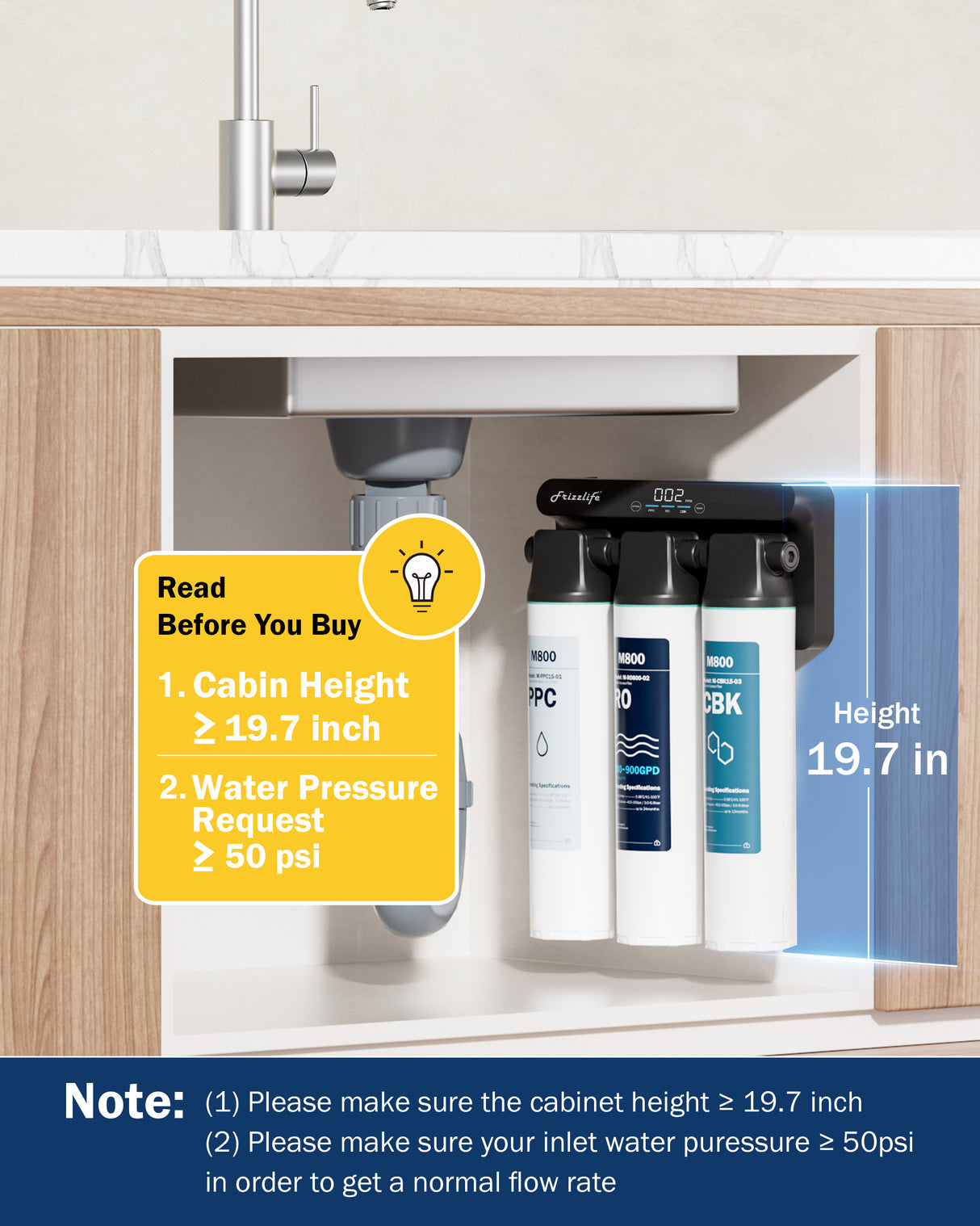 Frizzlife M800 Non-Electric Tankless Reverse Osmosis Water Filter, up to 900GPD Under Sink RO Water Filtration System, Huge Filter with Auto Flush, NSF/ANSI 58&372, 4:1 Pure to Drain