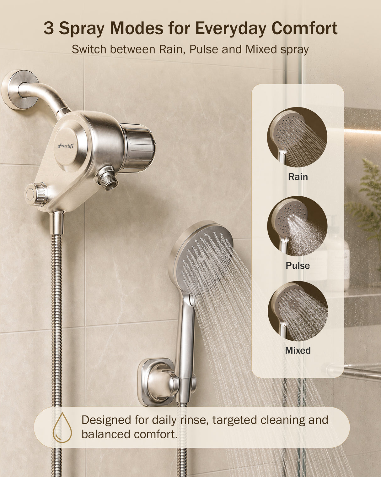 Frizzlife Dual-Outlet Shower Filter with Handheld Sprayer, Keeps Existing Fixed Shower Head, Both Heads Get Filtered Water, High Pressure 3-Mode, 210g KDF-55 and Calcium Sulfite, Reduces Chlorine