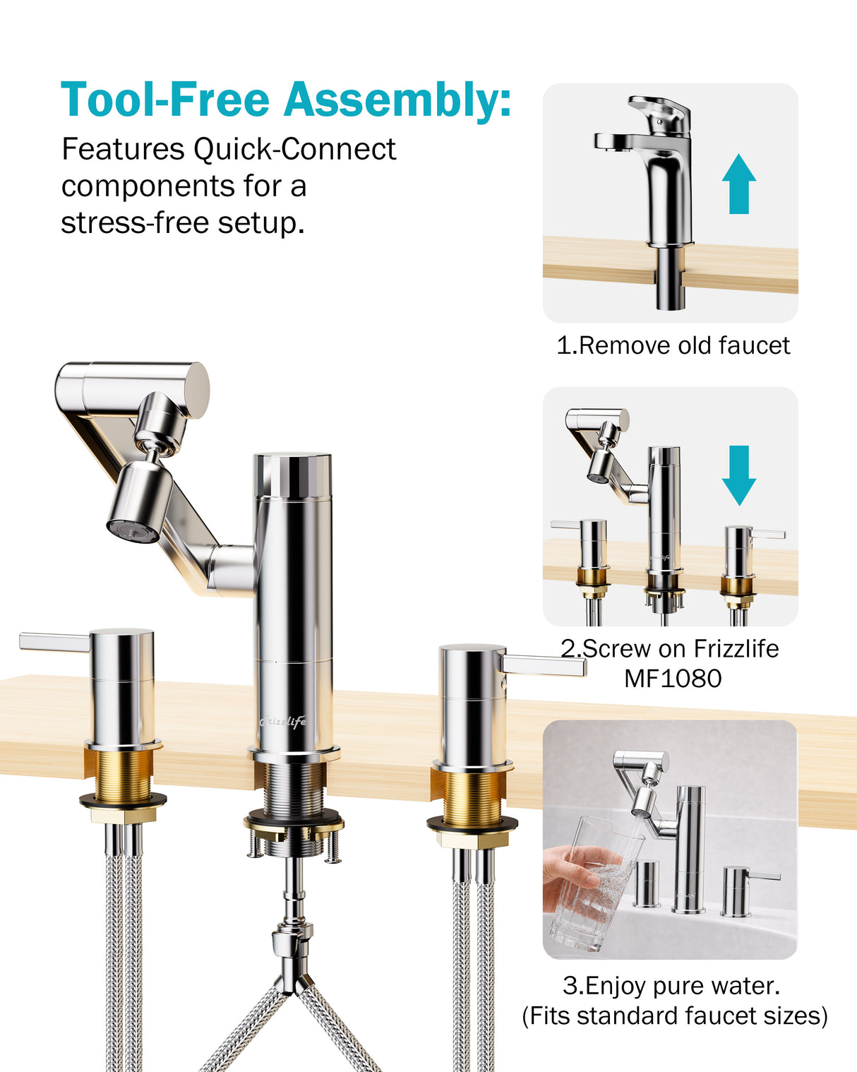 Frizzlife MF1080-X Series Bathroom & Kitchen Faucet with Water Filter, Polished Chrome, 360° Swivel Aerator