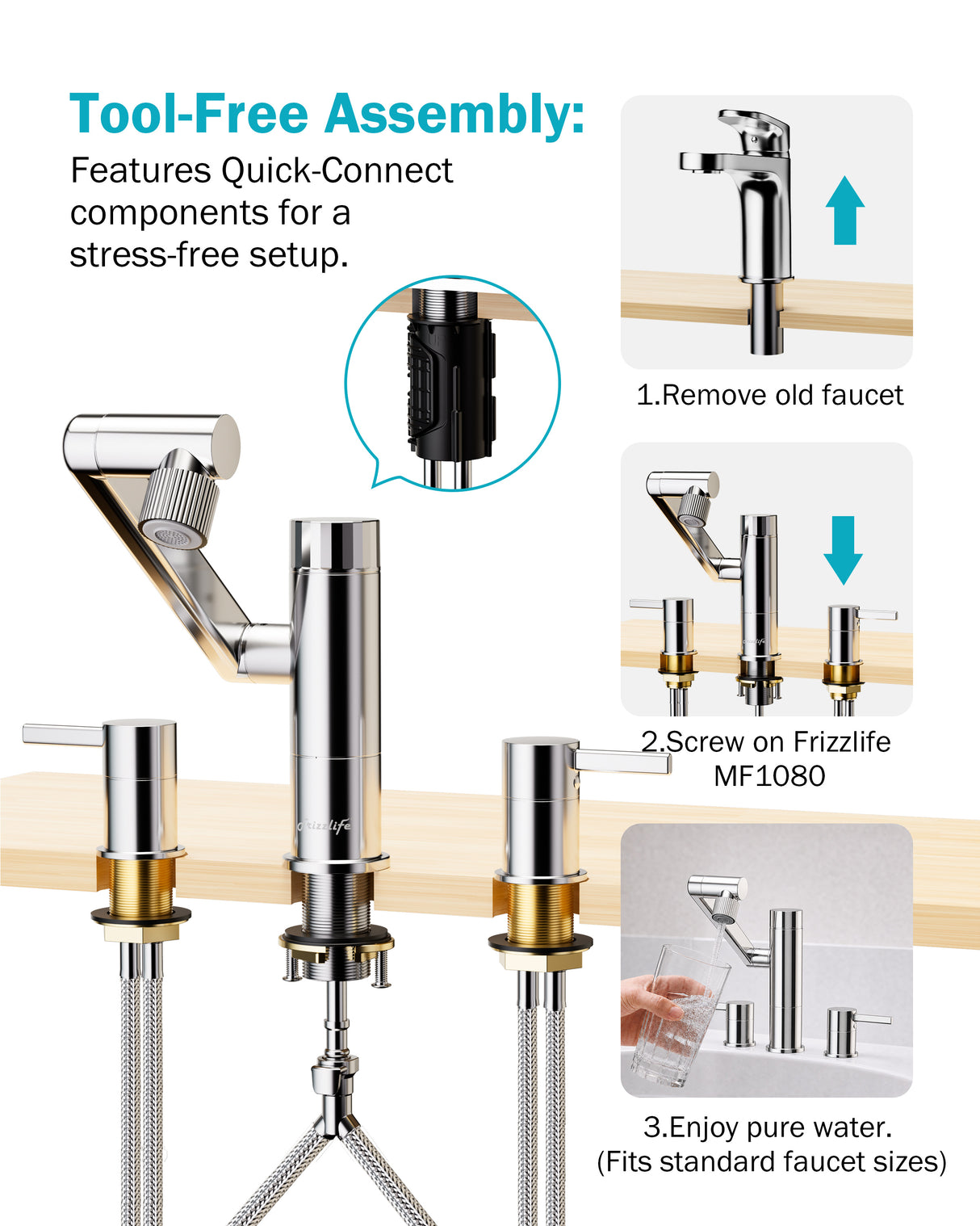Frizzlife MF1080-X Series Bathroom & Kitchen Faucet with Water Filter, Polished Chrome