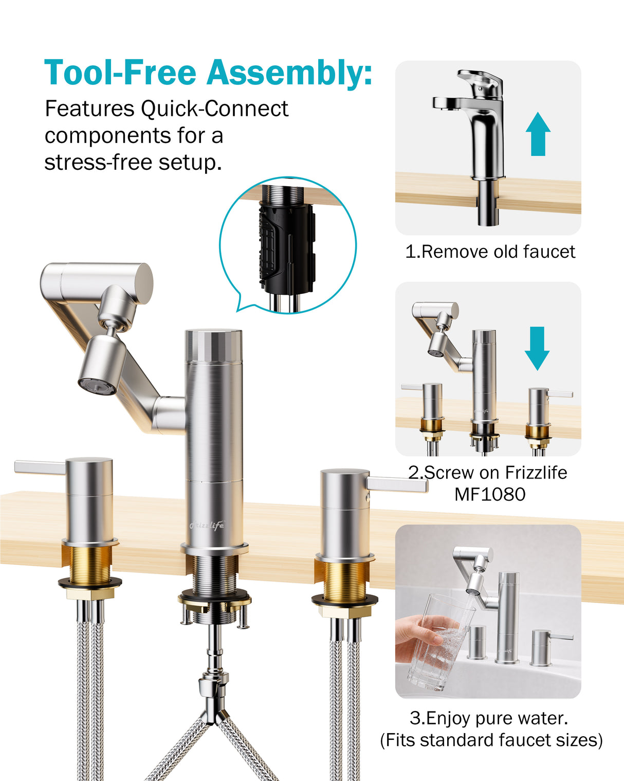 Frizzlife MF1080-X Series Bathroom & Kitchen Faucet with Water Filter, Brushed Nickel, 360° Swivel Aerator