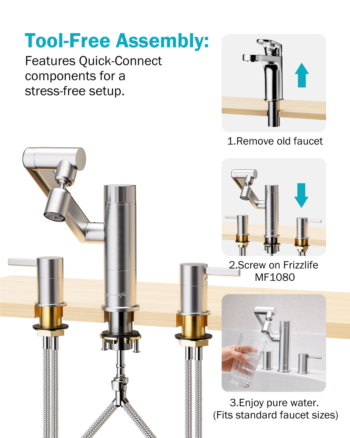 Frizzlife MF1080-X Series Bathroom & Kitchen Faucet with Water Filter, Brushed Nickel, 360° Swivel Aerator