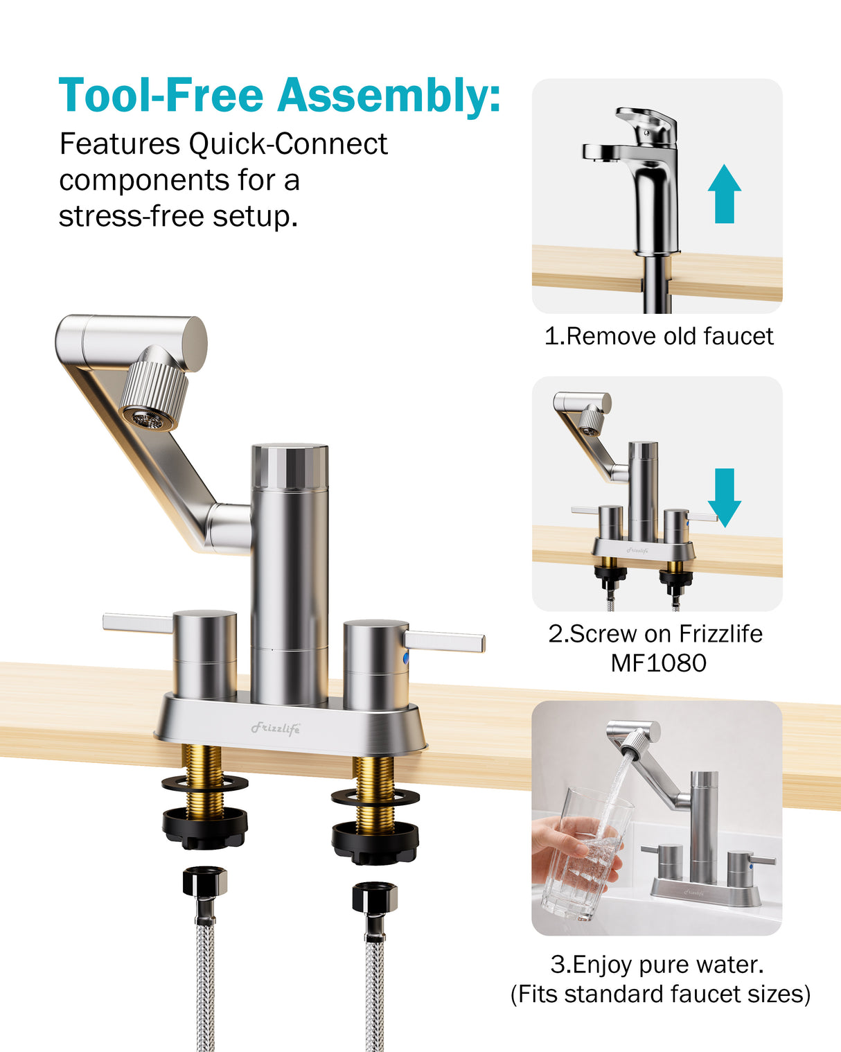 Frizzlife MF1080-D Series Bathroom & Kitchen Faucet with Water Filter, Brushed Nickel