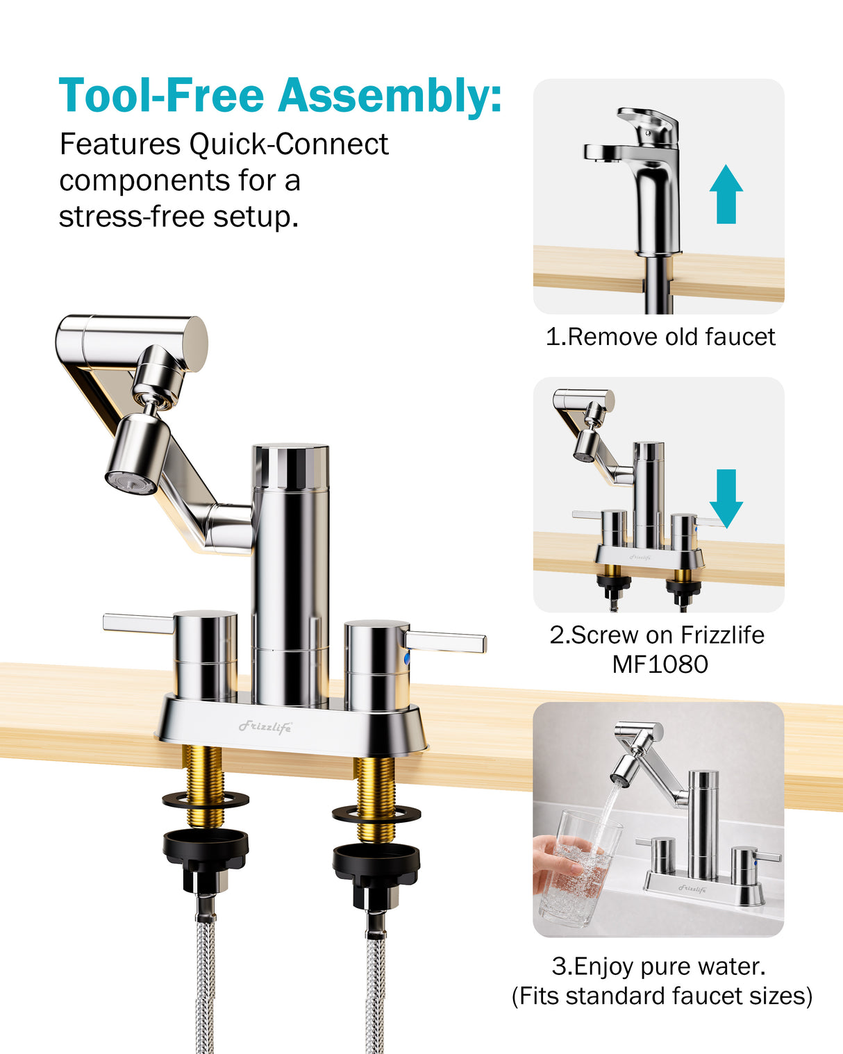 Frizzlife MF1080-D Series Bathroom & Kitchen Faucet with Water Filter, Polished Chrome, 360° Swivel Aerator