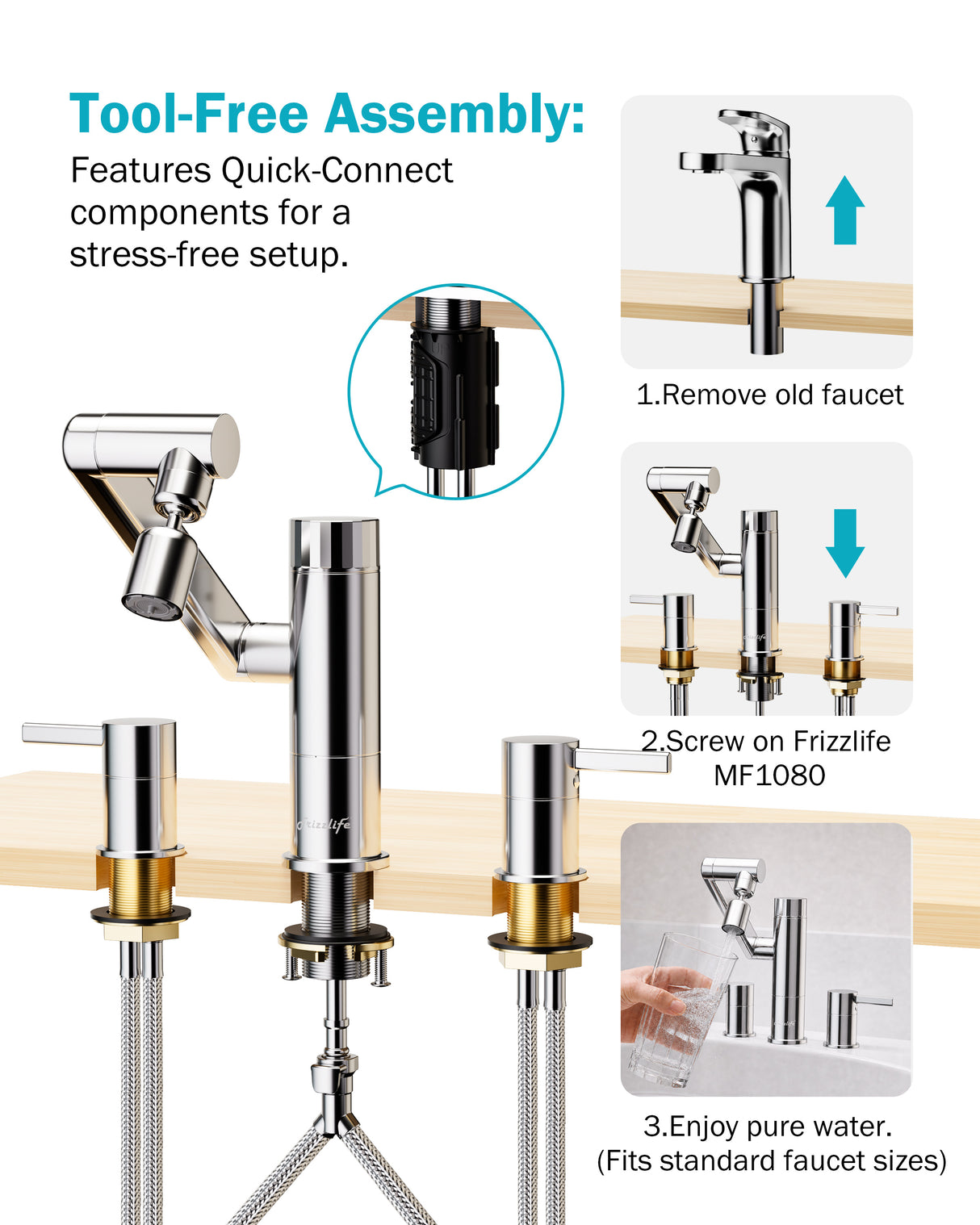 Frizzlife MF1080-X Series Bathroom & Kitchen Faucet with Water Filter, Polished Chrome, 360° Swivel Aerator