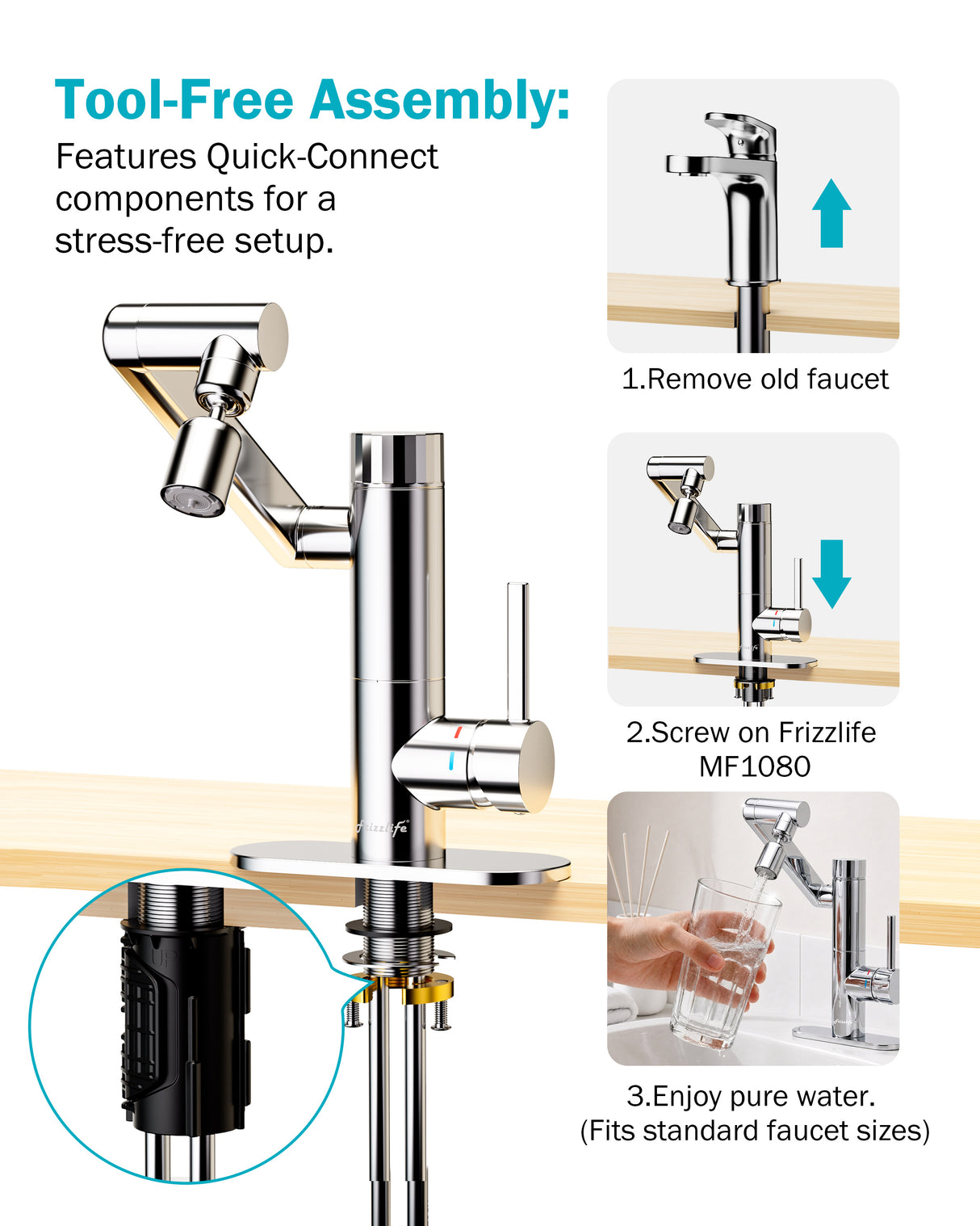 Frizzlife MF1080-S Series Bathroom & Kitchen Faucet with Water Filter, Polished Chrome, 360° Swivel Aerator