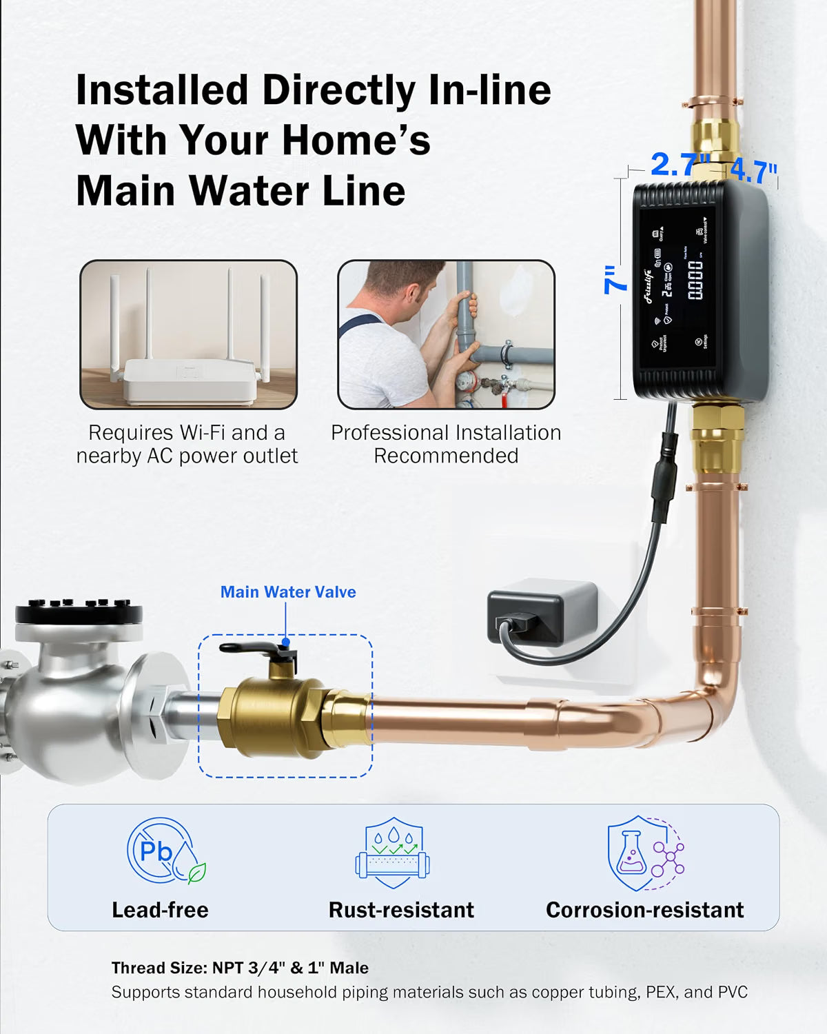 Frizzlife Smart Water Monitor & Automatic Shutoff with 3 Leak Sensors, LPG365-P-3S