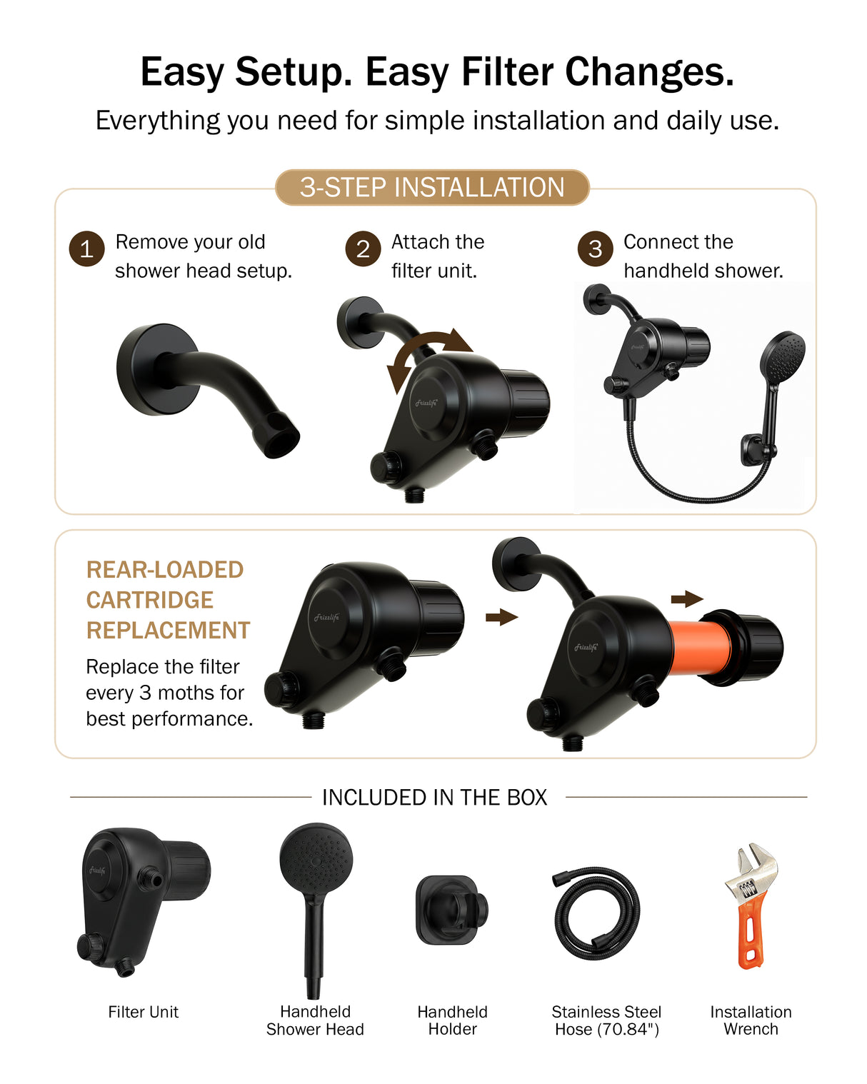 Frizzlife Dual-Outlet Shower Filter with Handheld Sprayer, Keeps Existing Fixed Shower Head, Both Heads Get Filtered Water, High Pressure 3-Mode, 210g KDF-55 and Calcium Sulfite, Reduces Chlorine