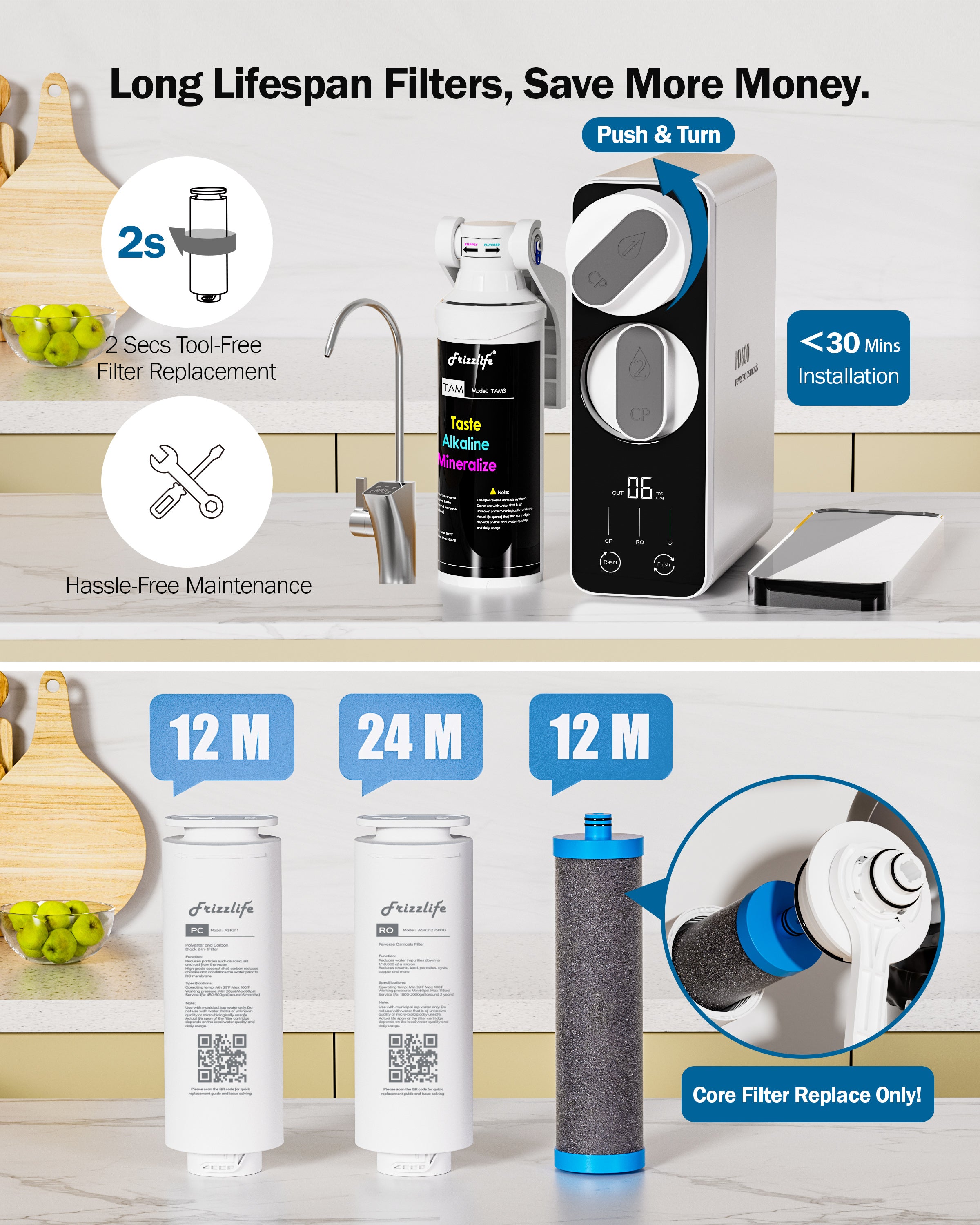 Frizzlife Reverse Osmosis Water Filter - Alkaline Mineral pH+, NSF/ASN