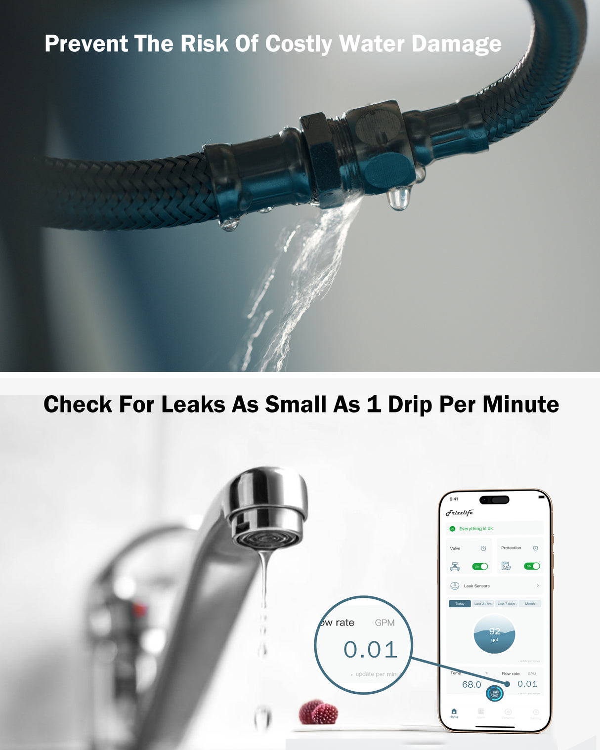 Frizzlife Smart Water Monitor & Automatic Shutoff System with 3 Leak Sensors,  LPG365-3S