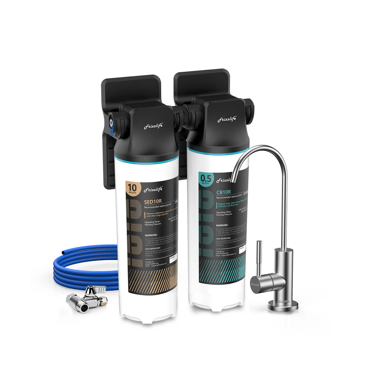 Système de filtration d'eau sous évier Frizzlife DW10F/DW15F avec robinet en nickel brossé, éléments certifiés NSF/ANSI 53 et 42 