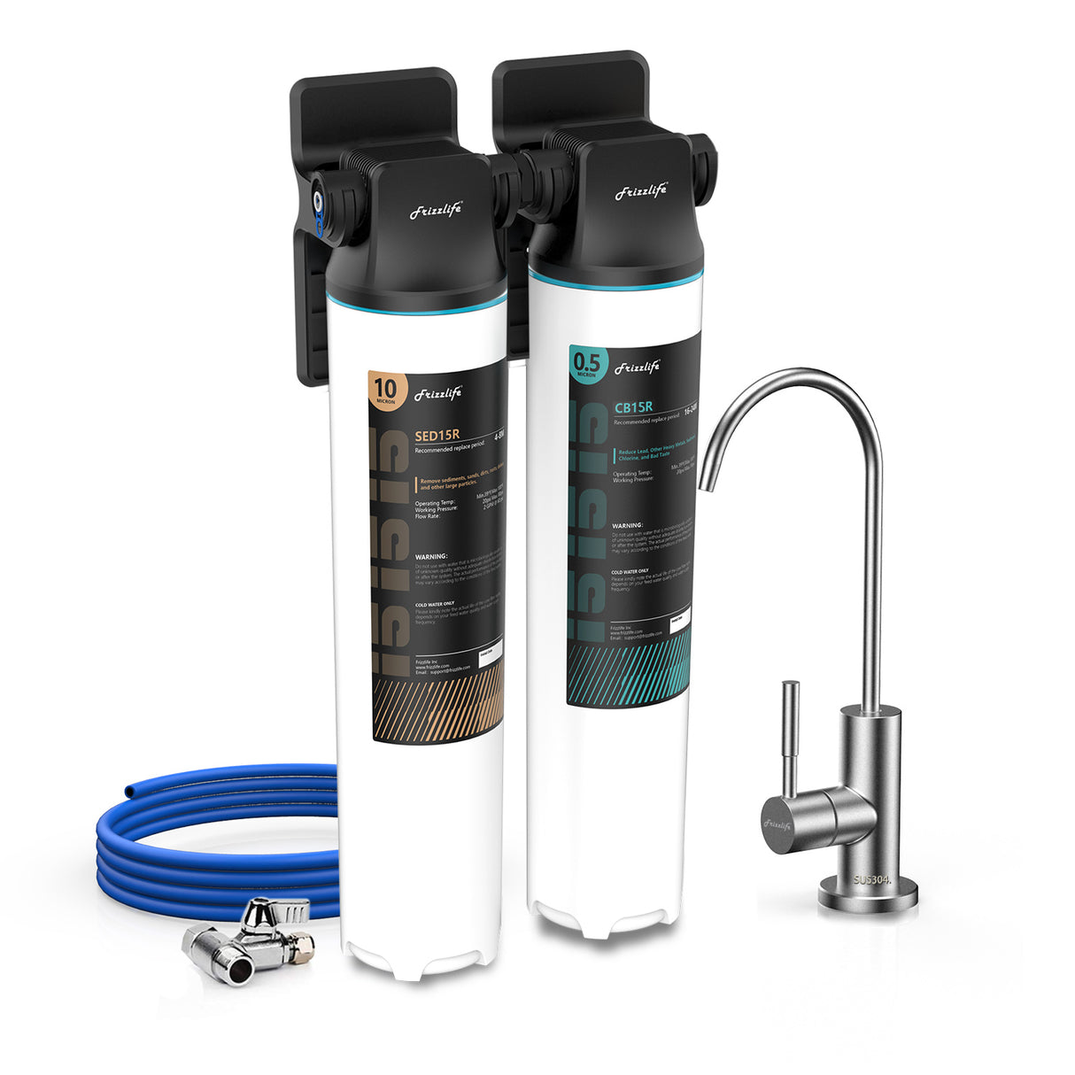 Frizzlife DW10F Sistema de filtro de agua para debajo del fregadero con grifo de níquel cepillado, elementos certificados por NSF/ANSI 53 y 42