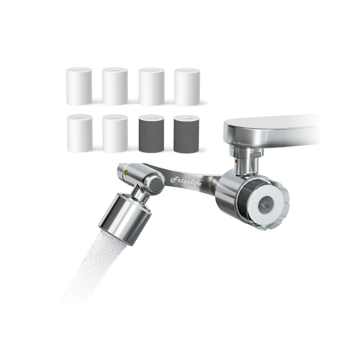 Extensor de grifo Frizzlife a prueba de salpicaduras con filtro, certificado por NSF, reduce el 99 % de cloro, aireador de grifo giratorio de 1080°, accesorio de rociado de 2 modos para cocina, baño y niños pequeños, 8 filtros de repuesto 