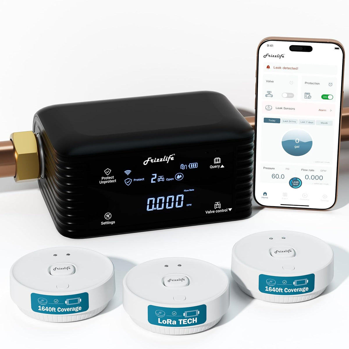 Frizzlife Smart Water Monitor & Automatic Shutoff with 3 Leak Sensors, LPG365-P-3S