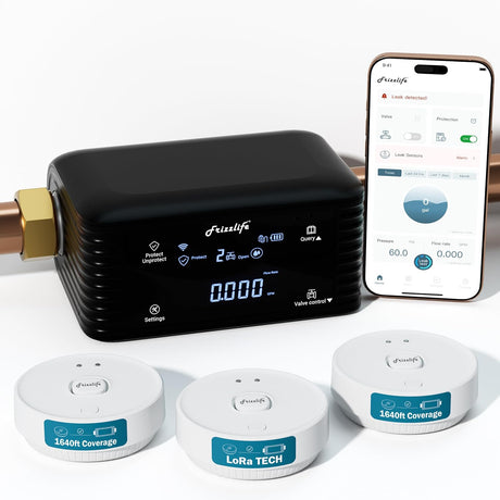 Frizzlife Smart Water Monitor & Automatic Shutoff with 3 Leak Sensors, LPG365-P-3S