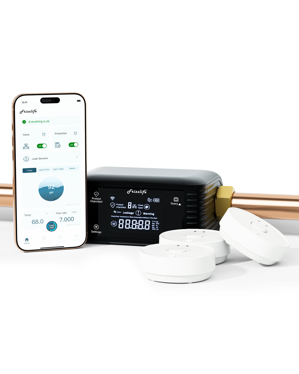 Frizzlife Smart Water Monitor & Automatic Shutoff System with 3 Leak Sensors,  LPG365-3S