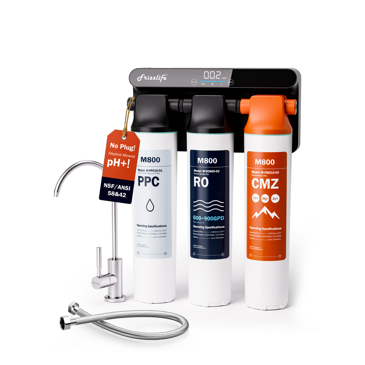 Frizzlife Plug-Free Reverse Osmosis Water Filter, tankless reverse osmosis water filter system with color-coded cartridges.